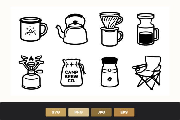 Camping Coffee Icons Set Black White Graphics