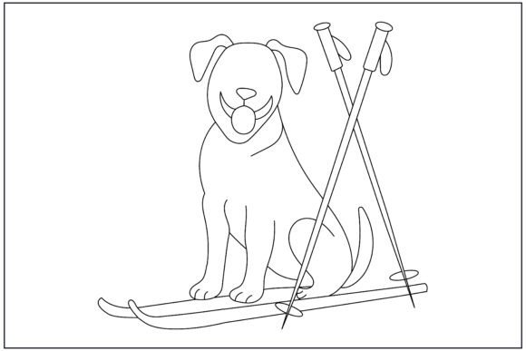 Dog Sitting Crossed Skis Line Art Graphics